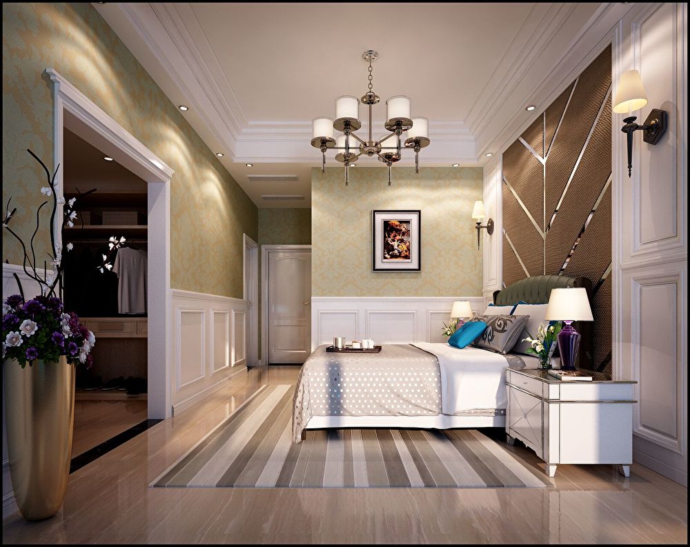 现代美式的卧室：把两个房间浓缩为一个套房的形式。在美化方面更加的突出大气与温馨。