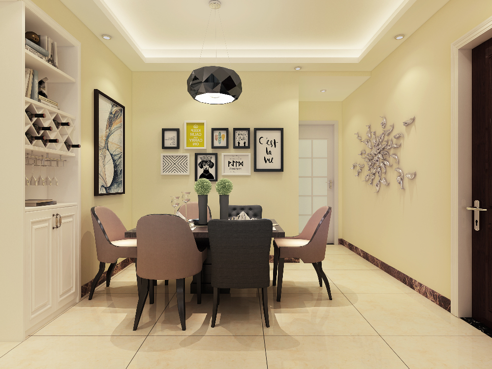 黑色掉线灯、跳色的餐桌、精致的装饰画给打造出精致舒适的就餐环境。