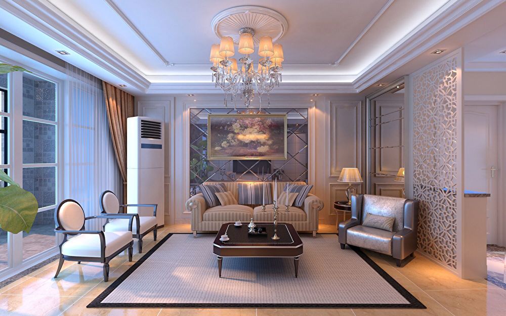 采用灰镜和欧式元素的搭配衬托出整个空间的气质！：线条简洁的欧式沙发展现现代风格，高贵、典雅又不失浪漫气质，欧式沙发大多色彩典雅、线条简洁，适用于展现现代风格的居室。