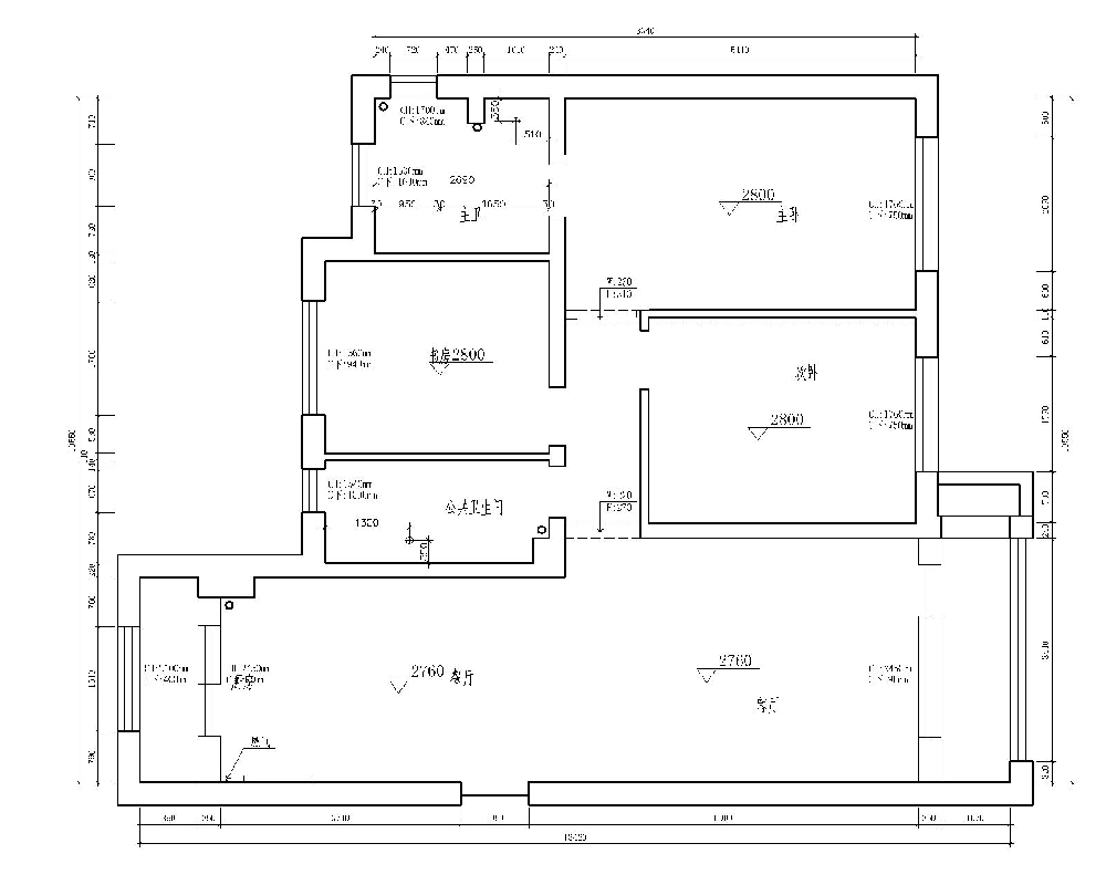 原始结构图，3室2厅2卫1厨，大客厅