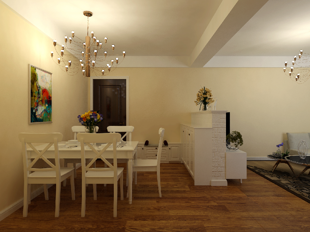 在客厅中，新建半通透隔墙来区分客厅与餐厅的区域，简洁的白色长方形与原木木线圆形造型相结合，
